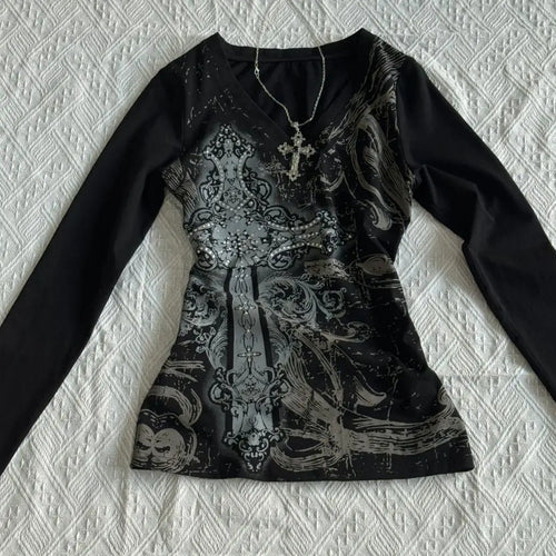 Retro Hip Hop Y2K T-Shirts Fashion Women Sexy Long Sleeve Gothic Vintage Punk Streetwear Tops Casual Slim Hot Girl Autumn Tees
